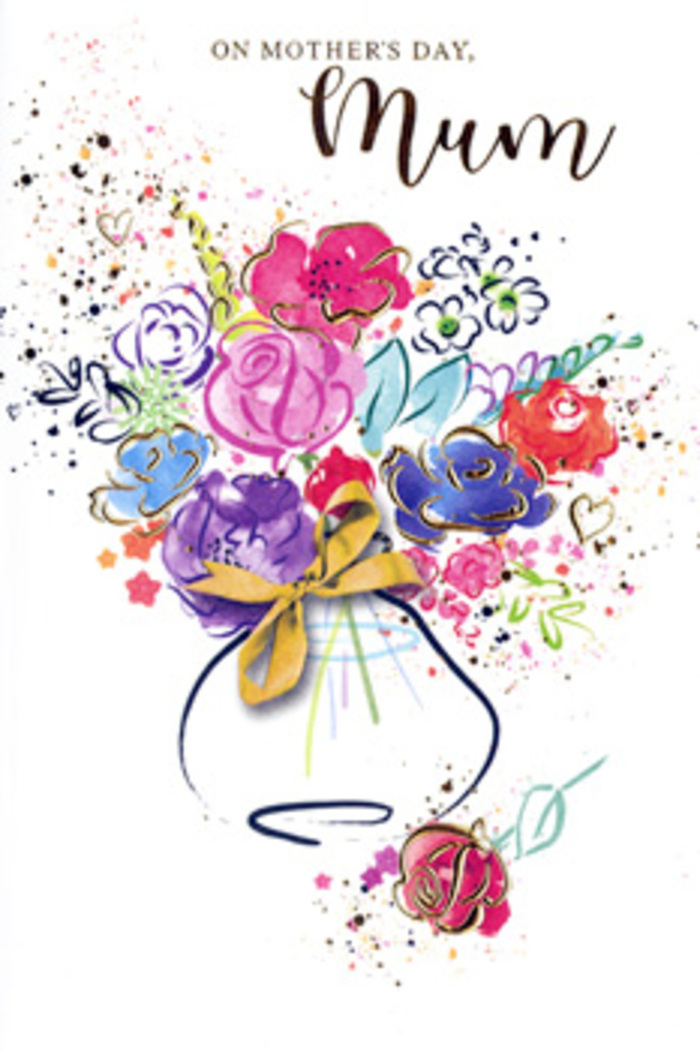 This expressive Mother's Day card features a vibrant, watercolour-inspired bouquet that appears both spontaneous and carefully placed, like a florist in Bexleyheath testing colour combinations on a sketchpad. At the heart of the design, rich cerise and magenta blooms dominate, each flower composed of layered, sweeping brushstrokes that suggest soft, velvety petals opening outwards. Deep indigo and royal blue outlines frame the blossoms, curling into petal edges and tracing the inner folds, creating a sense of depth, shadow, and movement. Between these showy flowers, smaller daubs of blush pink, cornflower blue, and pale lavender create a gentle contrast, calming the intensity of the bolder shades while keeping the overall feeling light and airy. Fine, metallic gold accents run along selected petal tips and leaf veins, adding delicate sparkle, like sunlit dew along the hedgerows near the shops on Broadway. Surrounding the bouquet, loose splatters of paint in matching colours and scattered heart motifs drift across the white card, bringing to mind petals tossed in the air during a family celebration. The flowers rest in a simple, softly sketched vase, rendered with translucent washes of blue and violet, then cinched at the neck with a graceful golden bow that recalls hand-tied ribbons on a freshly delivered arrangement. Though there is no text on the front in this view, the whole image reads clearly as a Mother's Day tribute-joyful yet sincere, stylish yet warm. It feels like a visual message of thanks, the kind of card that would accompany a bouquet arriving at a home near Danson Park or along Upland Road, carrying with it deep appreciation and enduring love.