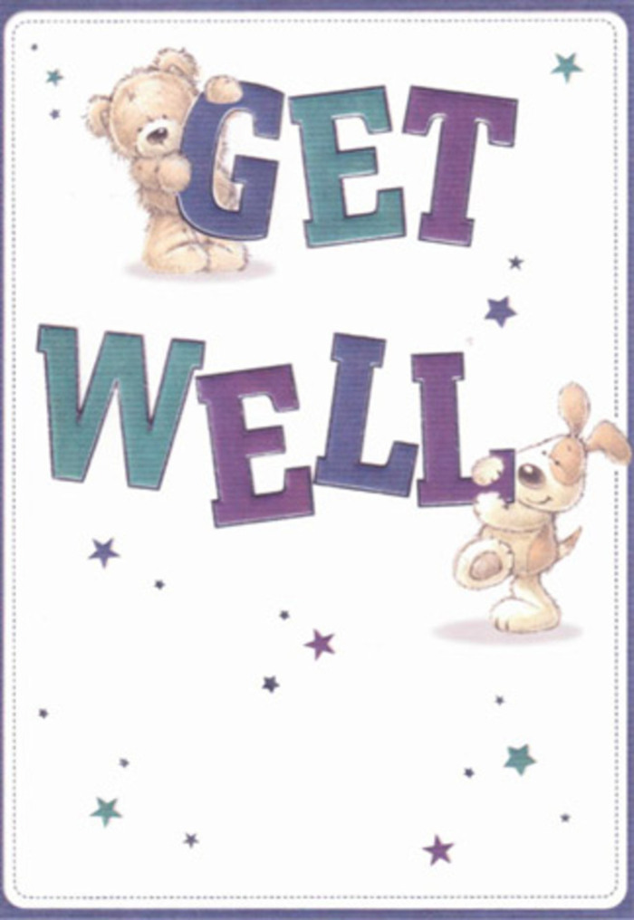 A celebration of healing energy comes to life in this charming get well card, hand-drawn with the spirit of Bexleyheath's caring community in mind. The friendly faces of a soft-furred bear and a velvety-eared puppy invite a smile, each of them playfully interacting with the large, uplifting words 'GET WELL.' Purples and aquas blend through the confident, rounded text, anchoring the design in hope and cheer. Around them, a constellation of dancing stars-painted in lively shades of blue and lilac-scatters encouragement, reminiscent of light glittering across the open fields near Danson Park. The illustration's tactile details echo the gentle touch of a local florist's hand; the bear's fluff and puppy's velvety coat are so evocative you can practically feel the textures, even without a bouquet nearby. The card's crisp white background allows each element to shine, creating an atmosphere airy enough to lift the heart. Sending this card along with fresh flowers from Florist Bexleyheath means your good wishes arrive with a tangible sense of kindness-a local gesture of comfort and care, ideal for brightening the toughest days and bringing solace that feels truly personal.