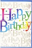 The image shows a birthday card that radiates upbeat energy, as if it has just been plucked from a colourful celebration near Bexleyheath's Broadway Shopping Centre. Across the middle, the words Happy Birthday are written in broad, confident letters, each character dressed in a different shade, forming a smooth rainbow sweep from rich crimson and sunset orange to lemon yellow, fresh leaf green, ocean blue, and amethyst purple. The colours fade gently into one another, giving the letters a soft, almost airbrushed effect reminiscent of helium balloons clustered together above a party table. Behind this bold greeting, the background is softly covered with continuous lines of delicate gold script repeating Happy Birthday to you. The script is fine, looping, and elegantly spaced, the metallic ink glinting as if tiny threads of gold have been woven through the paper. Around the main wording, light splashes and speckles of colour mimic confetti, enhancing the feeling of movement and festivities without cluttering the design. The card appears to have a smooth, slightly glossy finish, with the gold lettering likely raised just enough to catch the fingertips, offering a subtle tactile surprise. The contrast between the playful rainbow text and the refined golden backdrop creates a sense of joyful sophistication, much like a well-arranged birthday bouquet delivered across Bexleyheath. It's the sort of card that announces celebration the moment it is seen, turning an ordinary greeting into a keepsake that captures the warmth and happiness of the day.