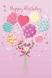 On a soft pink canvas, this birthday illustration opens like a whimsical story set above the leafy avenues of Bexleyheath. A cluster of pastel balloons floats upward with light, joyful energy, their gentle colours blending in a palette of blush pink, seafoam green, lavender, and buttery yellow. Each balloon has its own character: some spiral with candy-coloured stripes, others are sprinkled with playful polka dots, while near the centre a heart-shaped balloon radiates affection, suggesting a birthday greeting filled with genuine warmth. Below this airy parade, a charming bouquet gathers at the base, as though freshly arranged for a doorstep delivery just off Broadway. Delicate roses and anemone-like blooms nestle together in shades of creamy ivory, blush, and soft mauve, their petals appearing feathery and layered, full of imagined fragrance. The stems are tied neatly with a violet satin bow that catches the light, hinting at the careful finishing touches of a local florist who knows how to make celebrations feel special. Tiny stars and butterfly shapes are scattered gently through the scene, adding a touch of fairy-tale magic, like confetti drifting through the air after a party in Danson Park. The overall atmosphere is light as a spring morning-airy, sweet, and perfectly festive-capturing the spirit of a birthday that is meant to feel bright, memorable, and filled with affection, even before the card is opened.