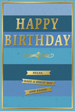 A beautifully composed birthday card in blue and gold stands as the focus, exuding a feeling of calm festivity that would suit a cosy Bexleyheath celebration. The background is a series of broad, horizontal stripes in varying blue tones-deep navy, rich teal, and soft sky-stacked one atop another to create a smooth gradient reminiscent of layered evening skies over Danson Park. In the middle of this soothing backdrop, the message HAPPY BIRTHDAY is presented in large, embossed gold lettering, the clean capitals shimmering gently without glaring, as if lit by soft indoor light. Just beneath, a decorative golden flourish stretches outward in balanced curves, adding a touch of classic, almost regal elegance. Below the flourish lie three slim gold banners, each carrying a segment of the friendly sentiment: Relax, have a great day and enjoy! The foiled details are slightly raised, inviting the recipient's fingers to trace the contours and feel the craftsmanship. A narrow gold border runs around the outer edge, neatly framing the scene and emphasising the harmonious design. The matte surface of the card contrasts beautifully with the polished gold, giving a sense of both luxury and restraint. You can imagine this card standing beside a vase of mixed birthday flowers on a sideboard in a Bexleyheath home, the blues echoing cool petals and the gold reflecting the warm glow of the room. Its overall impression is one of gentle, reassuring celebration-perfect for sending thoughtful, heartfelt birthday wishes.
